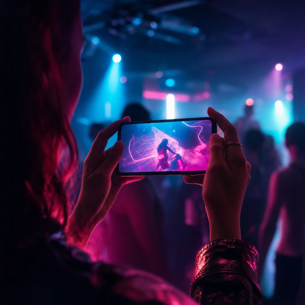 Person holding a phone showing a neon dance video in a dark club