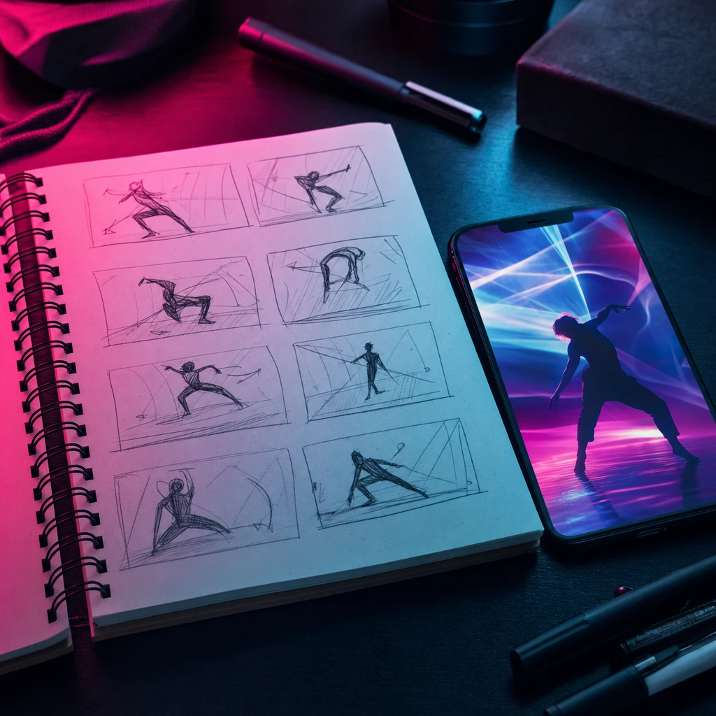 Notebook with dance storyboard sketches beside a phone