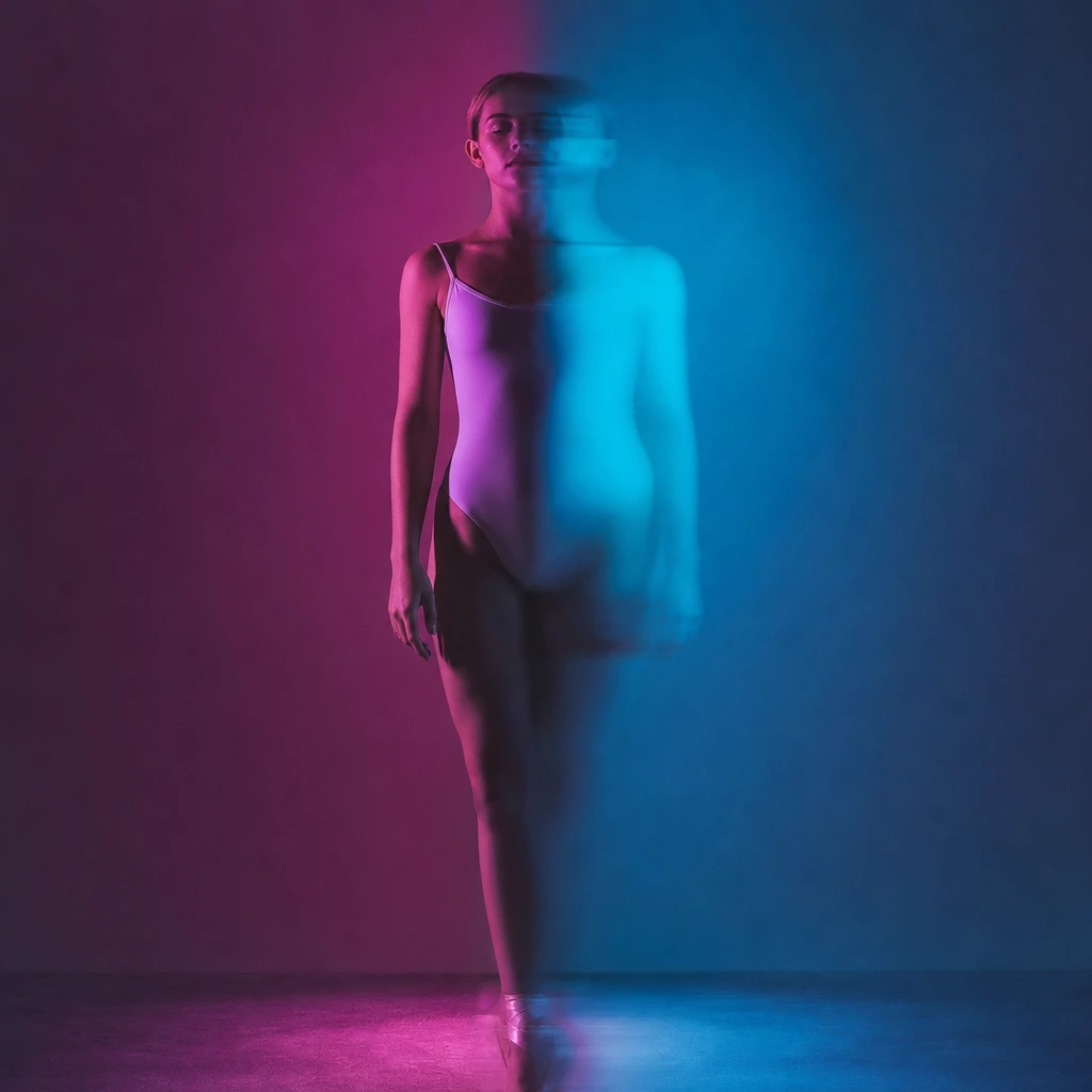 Dancer in a split beam of magenta and cyan light, still and moving