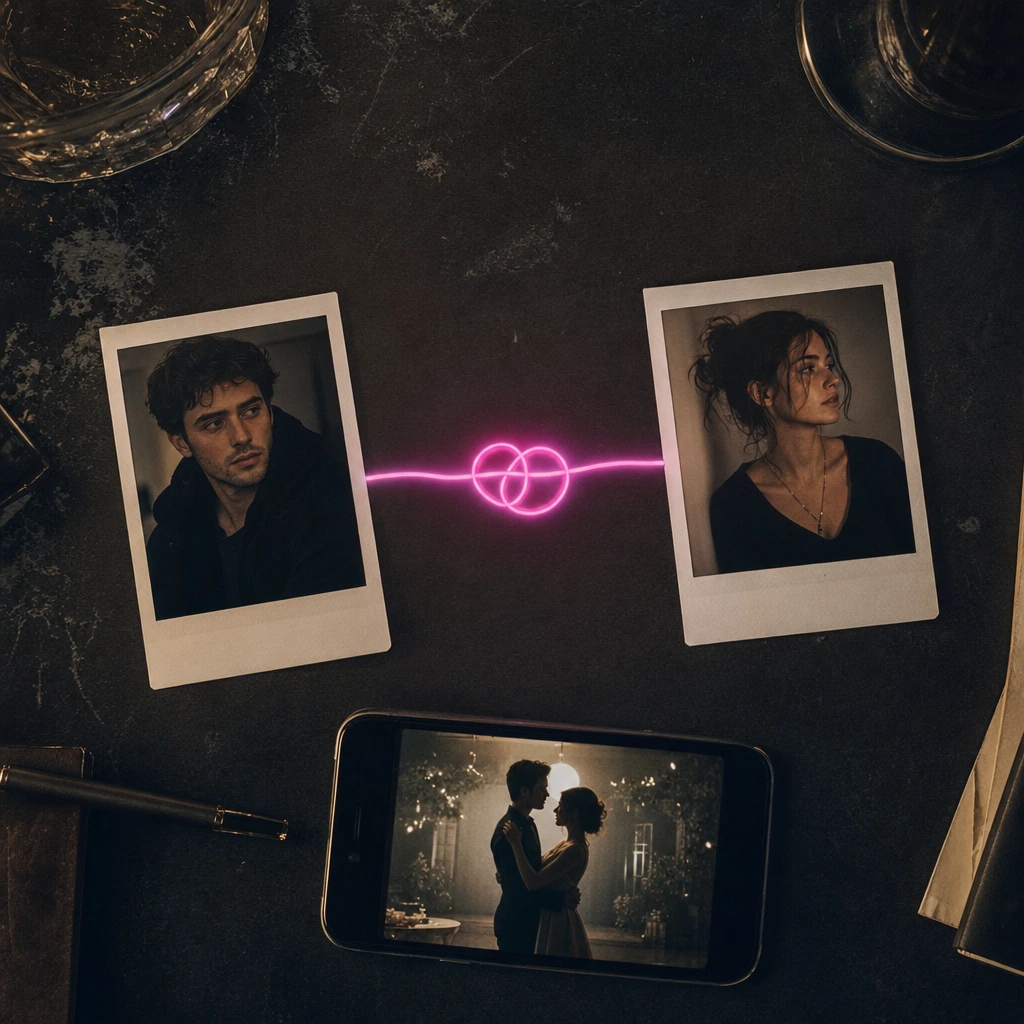 Two photos connected by a neon line beside a phone showing a couple dancing