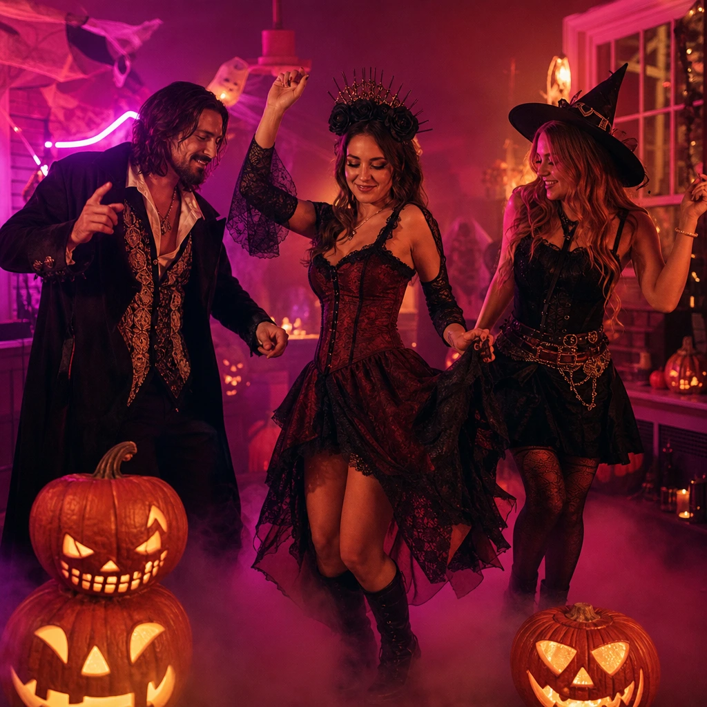Three friends in original Halloween costumes dancing in a neon room