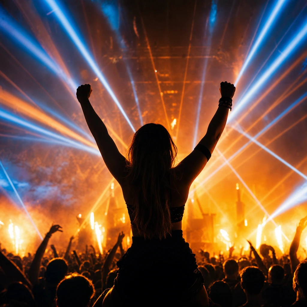 Hardstyle dancer silhouetted against orange and blue festival lasers