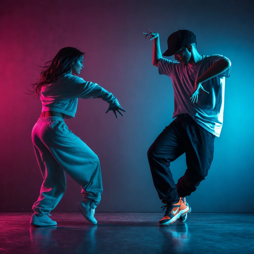 Two dancers facing each other, one shuffling and one doing an arm wave
