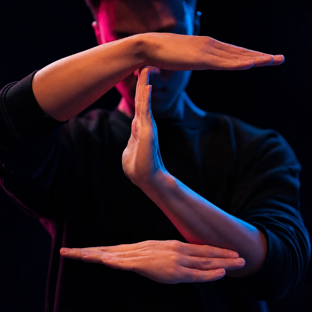 Close-up of a dancer’s arms and hands in a sharp tutting pose