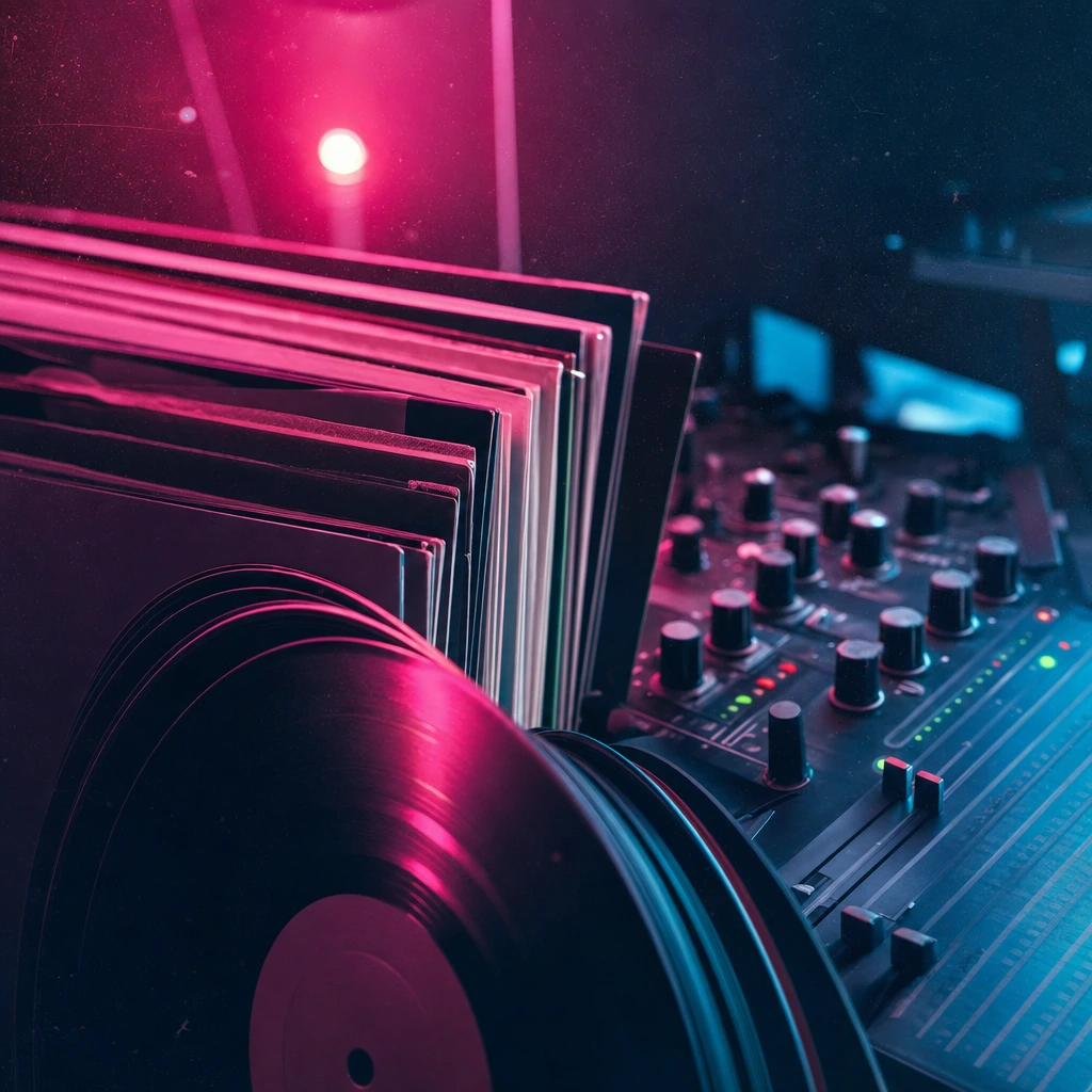 Vinyl records and a DJ mixer under magenta and cyan light