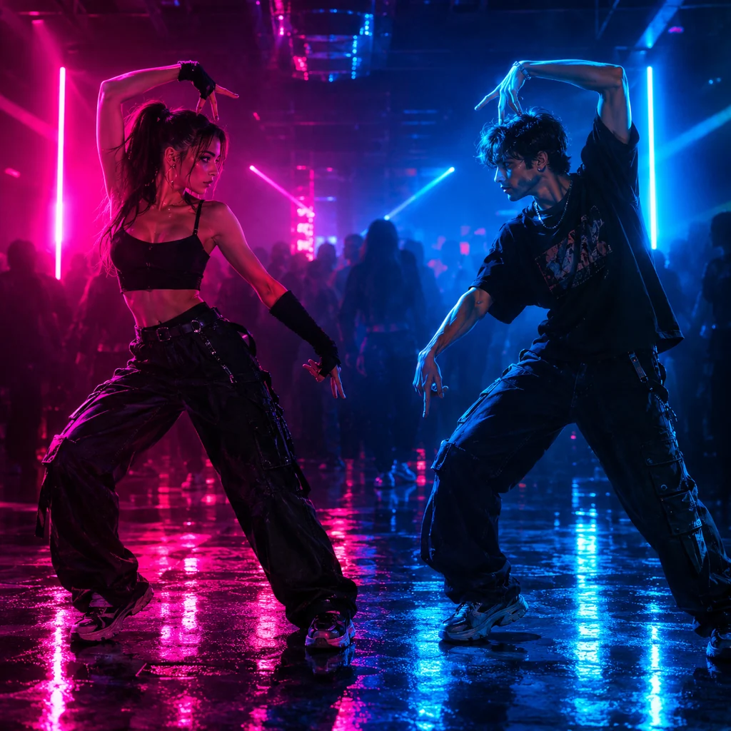 Two dancers in magenta and cyan club light facing each other in a sharp arm pose