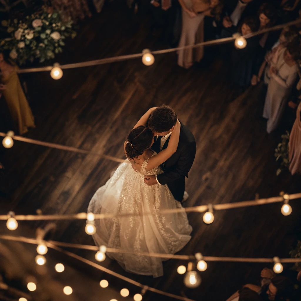 Wedding first dance seen from above under warm string lights