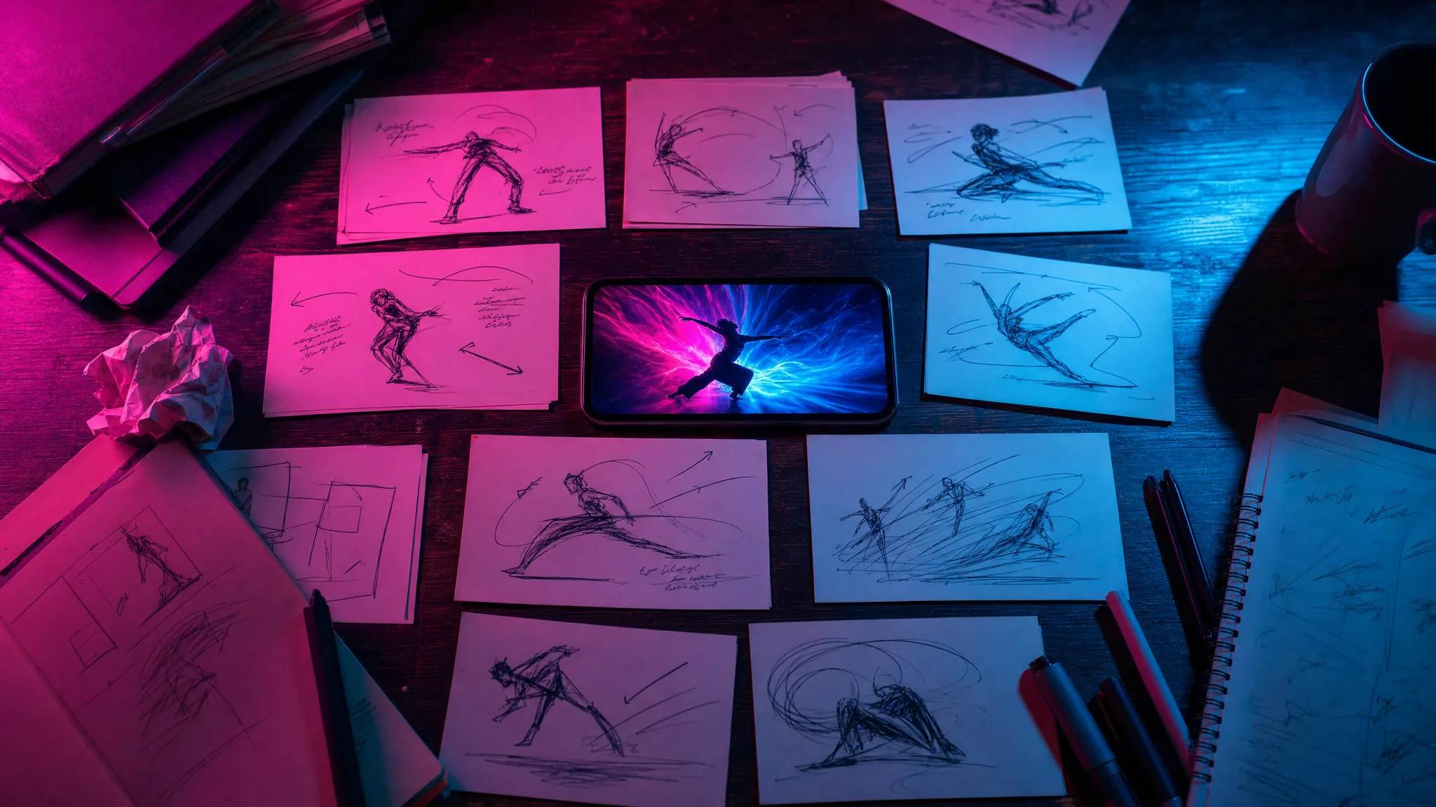 Storyboard desk with dance prompt cards and a phone showing a neon dance frame