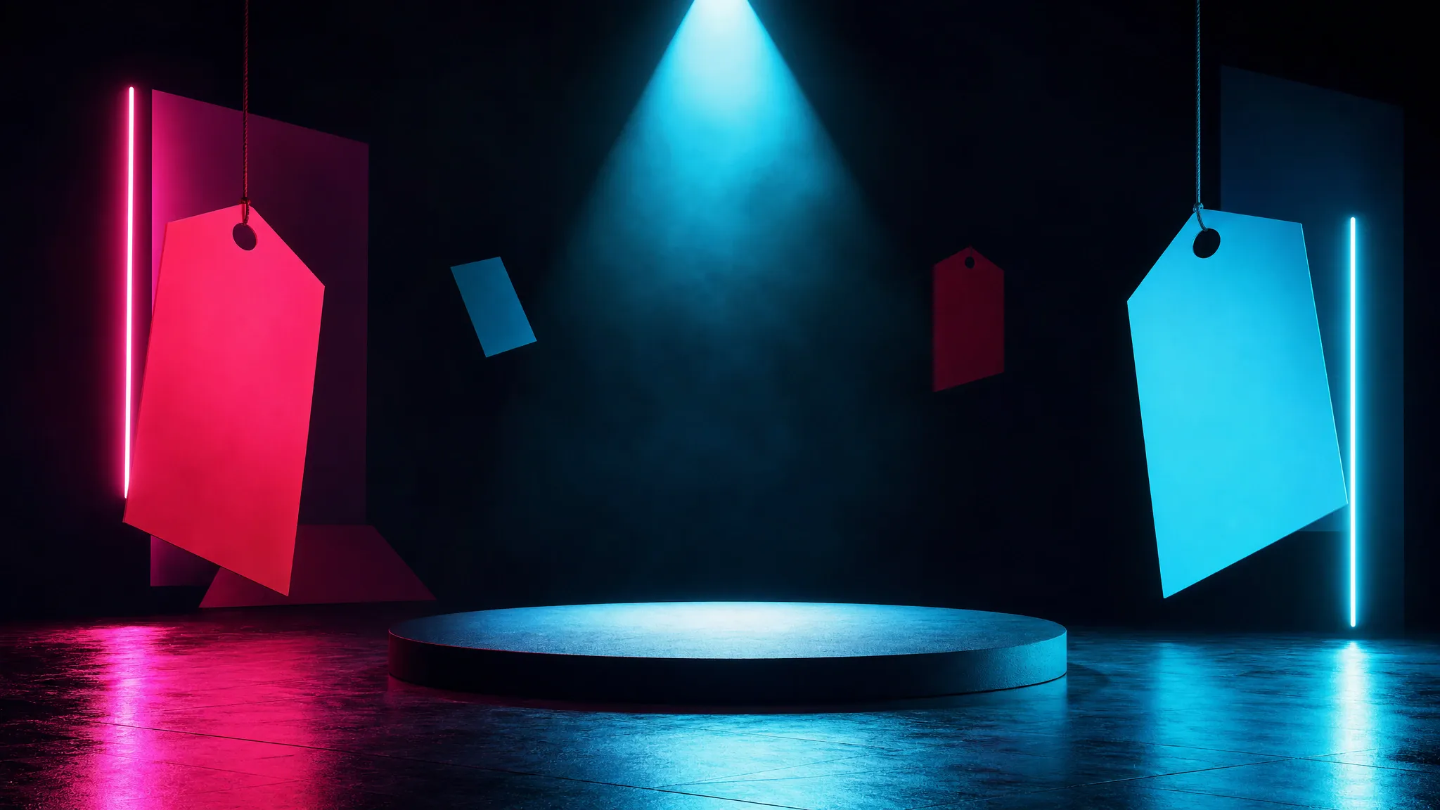 Empty neon stage with a single spotlight and abstract sale tags