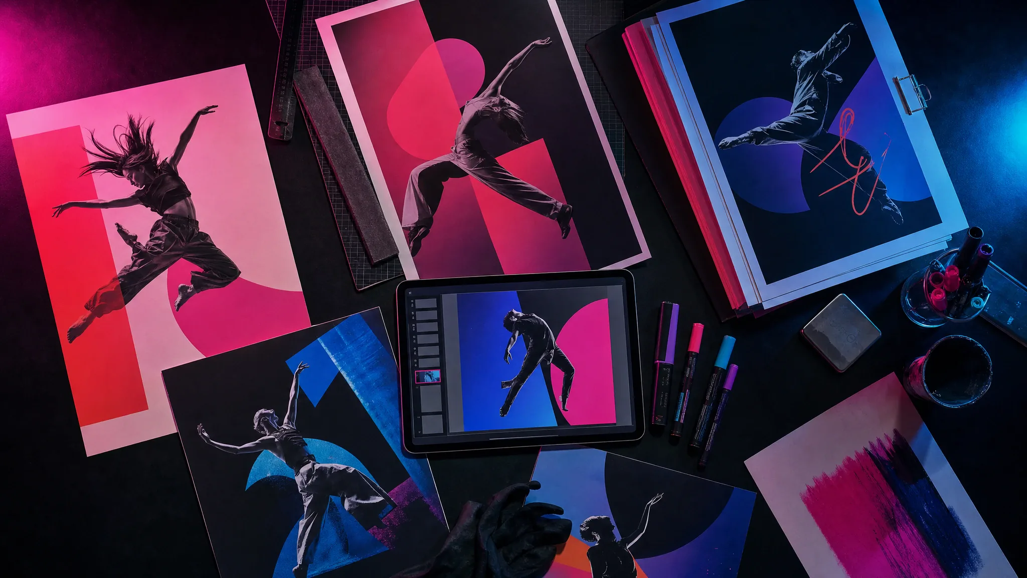 Graphic design desk with printed dance posters and neon abstract shapes