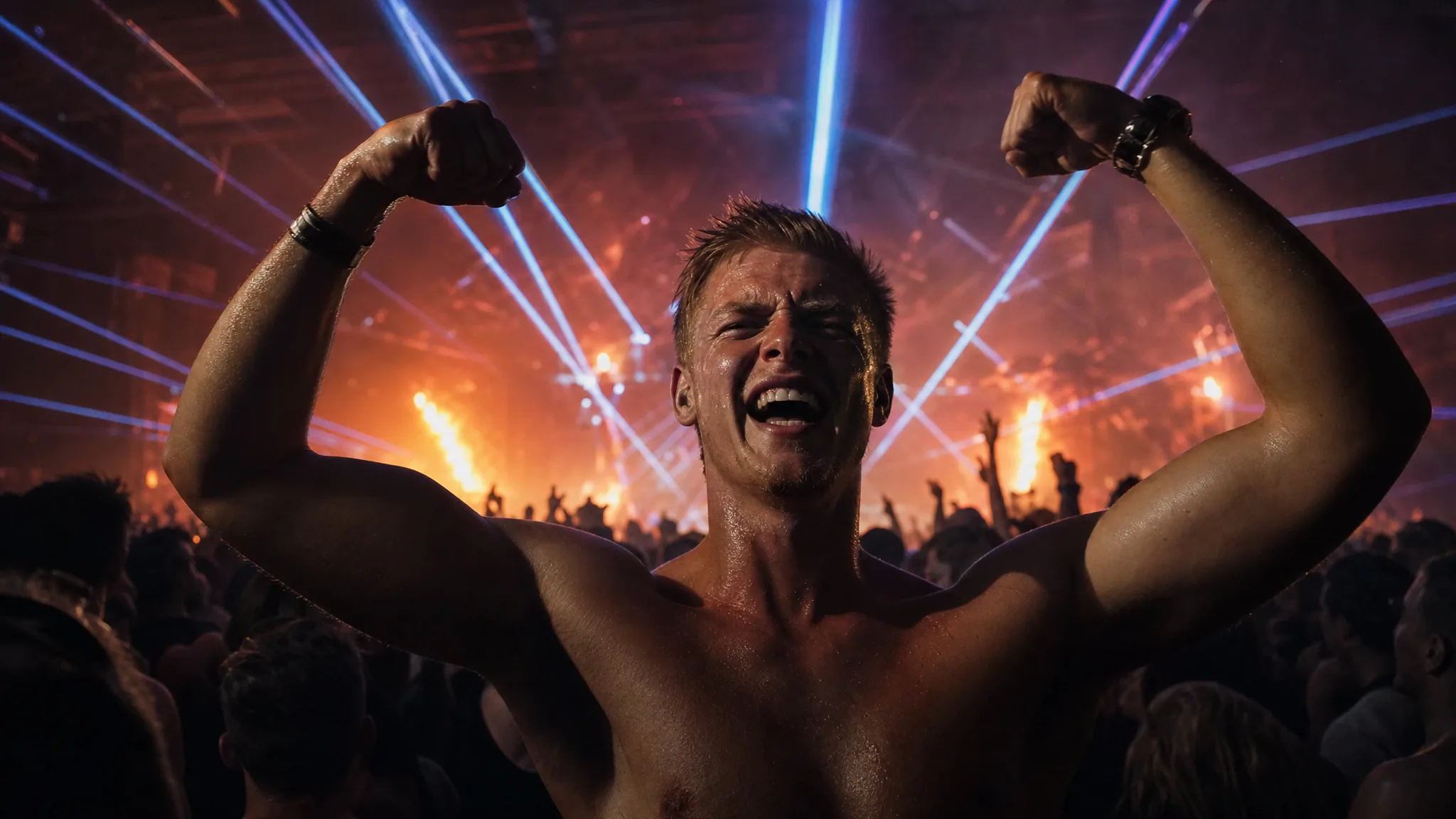 Hardstyle dancer with raised fists under orange and blue festival lasers